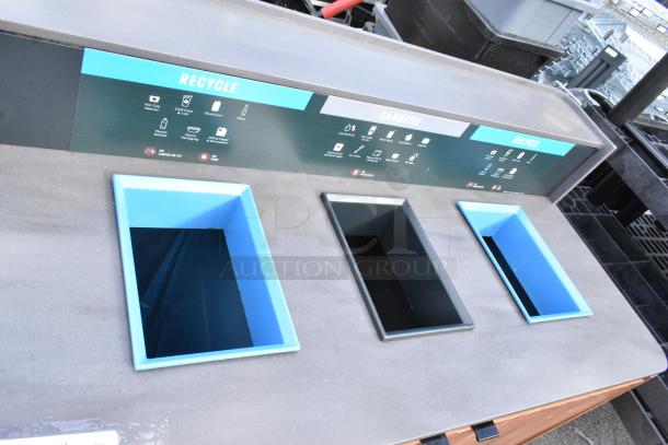 Wood pattern trash can shell with three deposit holes, labeled for recycling and landfill. Durable condition.