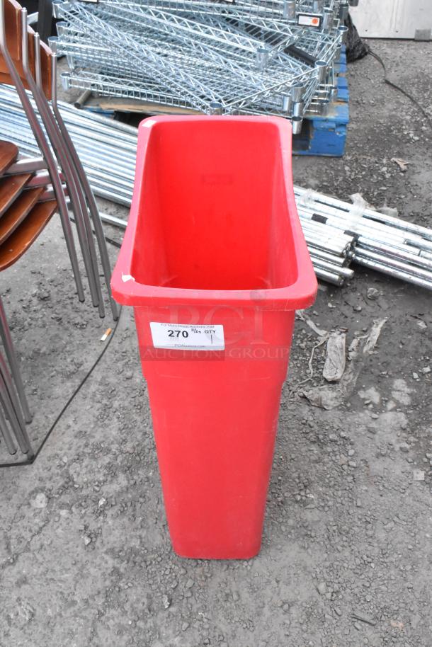 Red Poly Slim Jim trash can in good condition, rectangular shape. Label with item number 270.