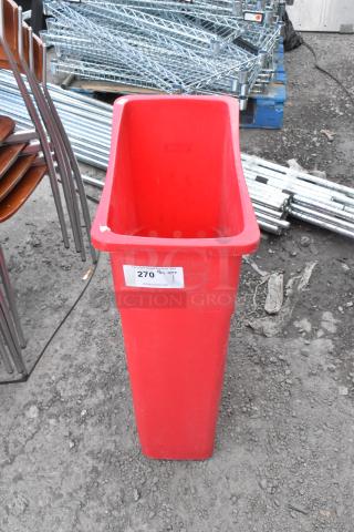 Red Poly Slim Jim trash can in good condition, rectangular shape. Label with item number 270.