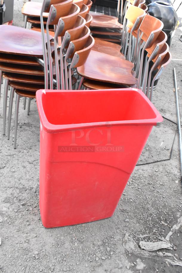 Red Poly Slim Jim trash can, large capacity, durable plastic, slight scuffs visible, auction item.