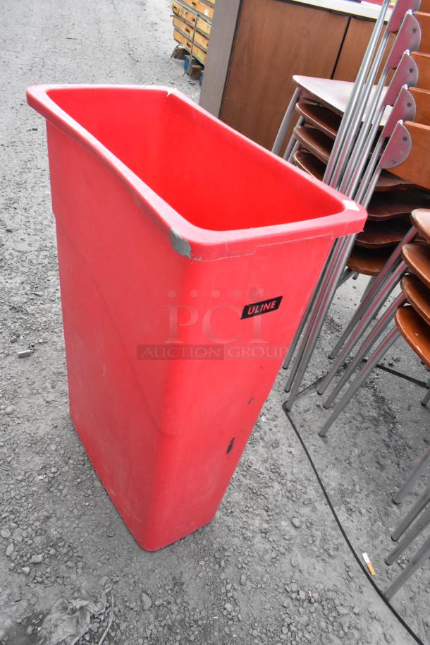 Red Poly Slim Jim Trash Can by Uline, showing minor wear and scuff marks, sturdy design suitable for commercial use.