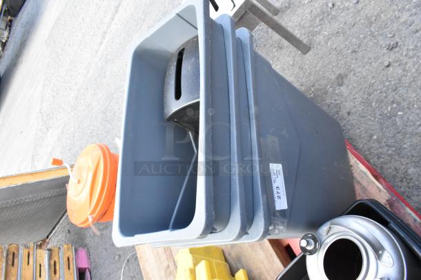 Lot includes gray Slim Jim trash cans, kegs, and a yellow mop bucket. Visible label: "273 Auction." All items on a pallet.