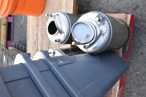 Lot featuring gray Slim Jim trash cans, metal kegs, orange bucket, and yellow mop bucket on a wooden pallet.