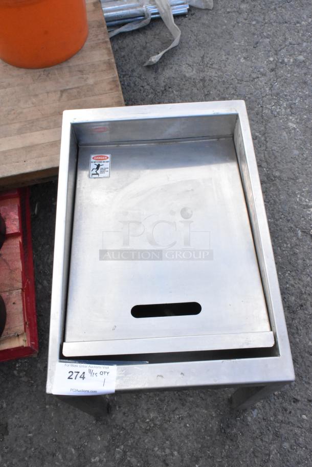 Stainless steel metal bin on legs with a slotted lid, minor surface marks. "Danger" label and auction tag "274, Qty 1" visible.