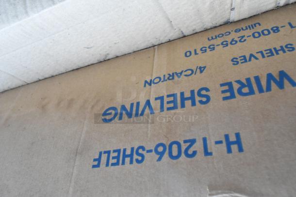 Lot of chrome finish wire shelves in packaging, model H-1206-SHELF. Packaging shows minor wear, indicating unused condition.