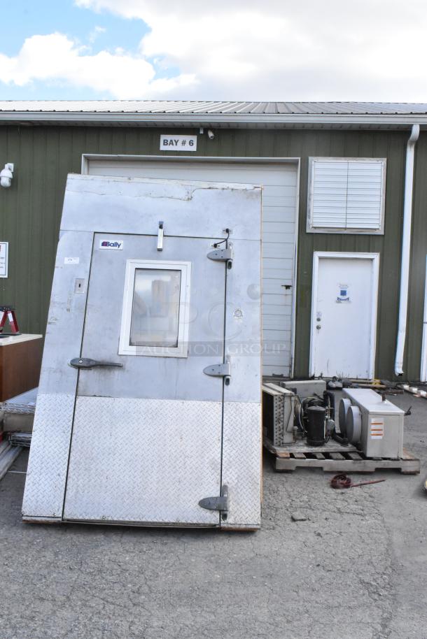14'x8' Bally walk-in freezer box with Copeland CS10K6E-PFV-256 compressor, Bally evaporator fan, no floor, unverified condition.