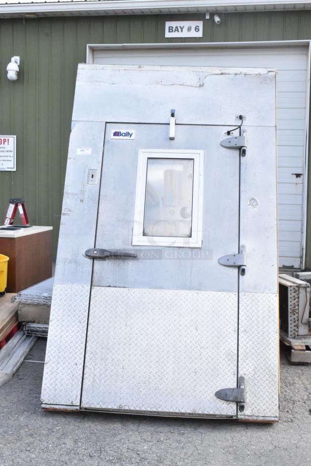 14'x8' Bally Walk-In Freezer Box, metal exterior, with windowed door, no floor, featuring Bally and Copeland compressor model CS10K6E-PFV-256.
