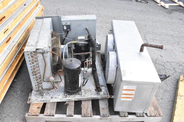 Bally Walk-In Freezer compressor and evaporator fan on pallet; model Copeland CS10K6E-PFV-256 shown, no floor included.