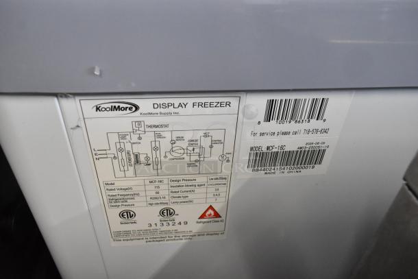 BRAND NEW KoolMore MCF-16C Display Ice Cream Freezer, 115V, 1 Phase. Minor scratches, detailed model and service labels visible.
