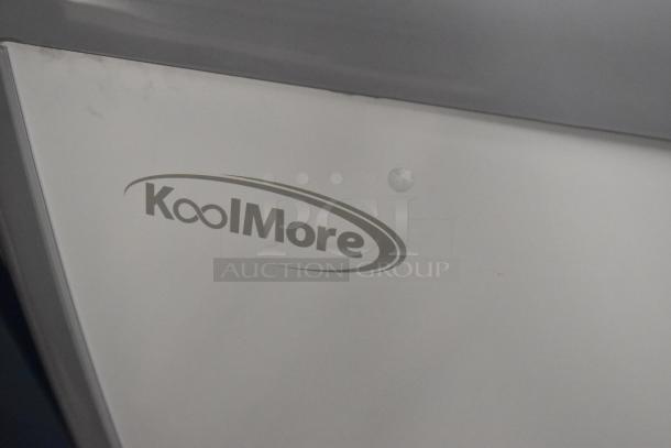 Brand new KoolMore MCF-16C ice cream freezer with minor scratches and dents, 115V, 1-phase. Logo visible.