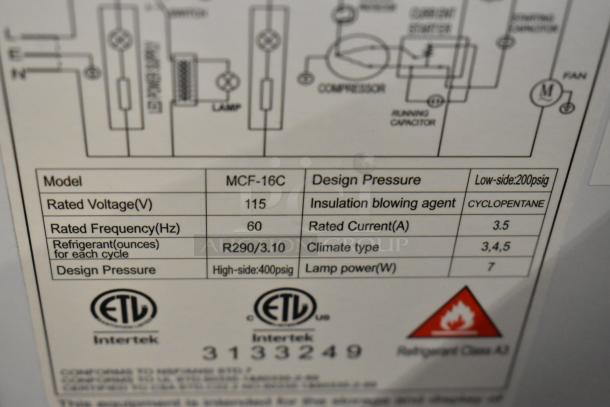 KoolMore MCF-16C ice cream freezer label showing voltage 115V, refrigerant R290, ETL certified. Condition: Scratch and Dent.