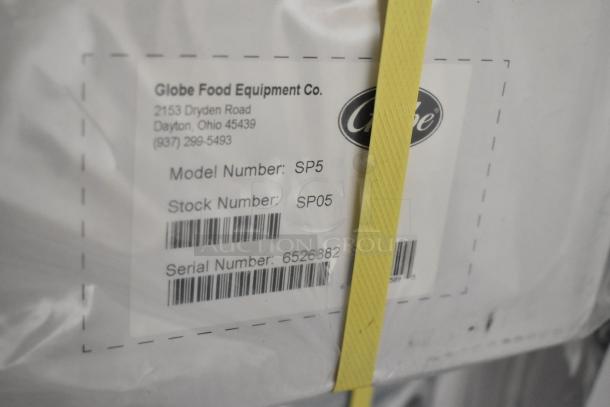 BRAND NEW Globe SP05 5 Quart Dough Mixer, metal, 115V, 1 Phase, with visible model and serial numbers, scratch and dent.