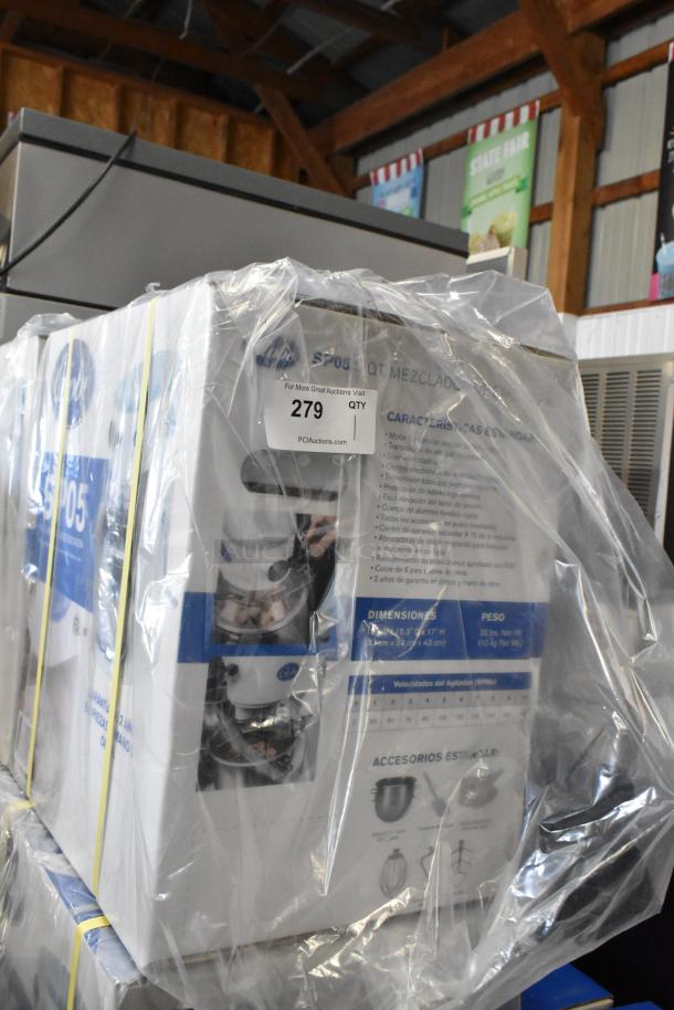 BRAND NEW Globe SP05 5 Quart Planetary Dough Mixer in box, scratch and dent, 115 Volts, 1 Phase, with packaging and tags.