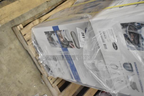 Brand new Globe SP05 5 Quart Planetary Dough Mixer in box. Metal countertop model, 115 Volts, 1 Phase, with label visible.