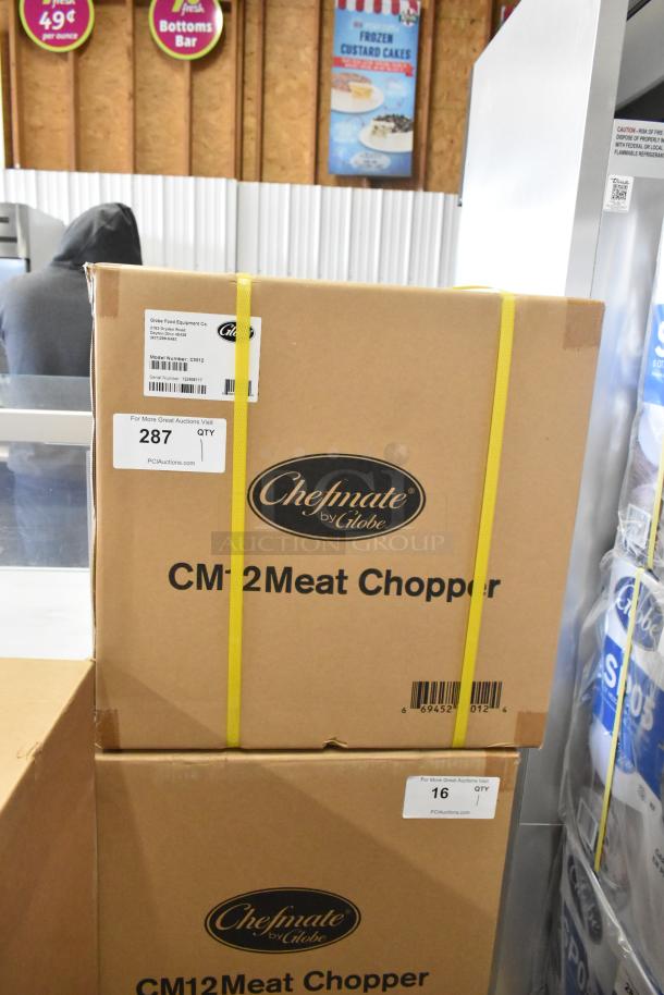 Brand new Globe CM12 Meat Chopper in box. Stainless steel, #12 head, 250 lbs/hr capacity, 115V, 1 phase. Chefmate branding.