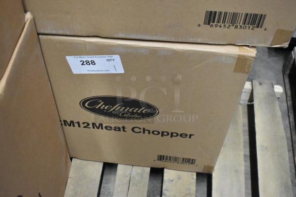 Brand new Globe CM12 stainless steel meat chopper in box, #12 head size, 250 lbs/hr capacity, 115 volts, 1 phase.