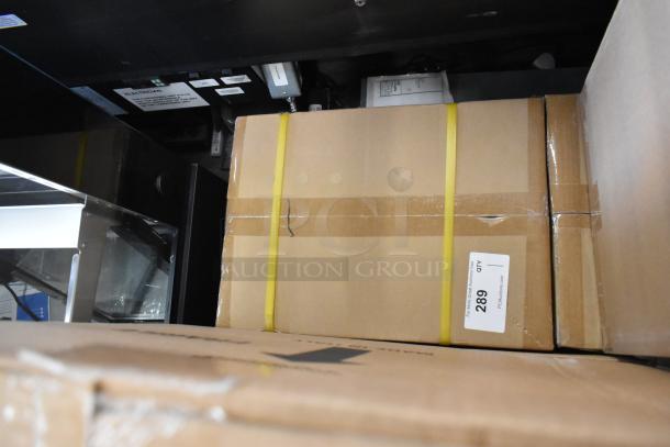 Brand new Globe CM12 meat chopper in sealed box, #12 head size, 250 lbs/hour, 115V, 1 phase. Box with auction label "289".