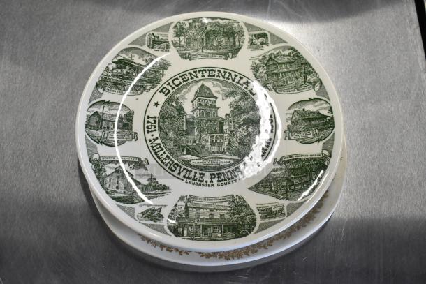 Millersville bicentennial plate featuring historical sites, green illustrations, in good condition. Comes with additional items.