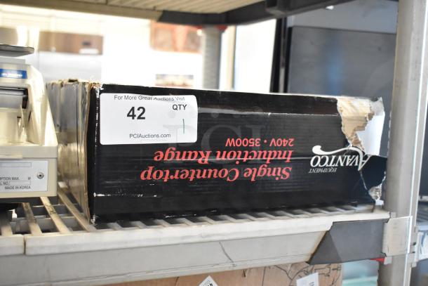 Brand new Avantco 177IC3500 countertop induction range in damaged box, 208-240 volts, 1 phase, auction lot number 42.