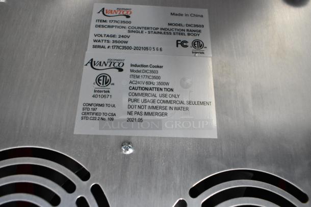 Brand new Avantco 177IC3500 countertop induction range, 2021 model, 3500W power, stainless steel, labeled for commercial use.