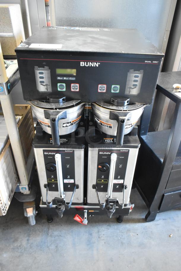 Bunn commercial double coffee machine with 2 satellite servers and metal brew baskets; 120/208-240V, 1 phase.
