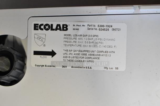 Ecolab LDS-AIR GAP Water Bucket Dispenser label, model LDS-AIR GAP 3.5 GPM, max pressure 5.6 BAR, temp 60°C, made in USA.