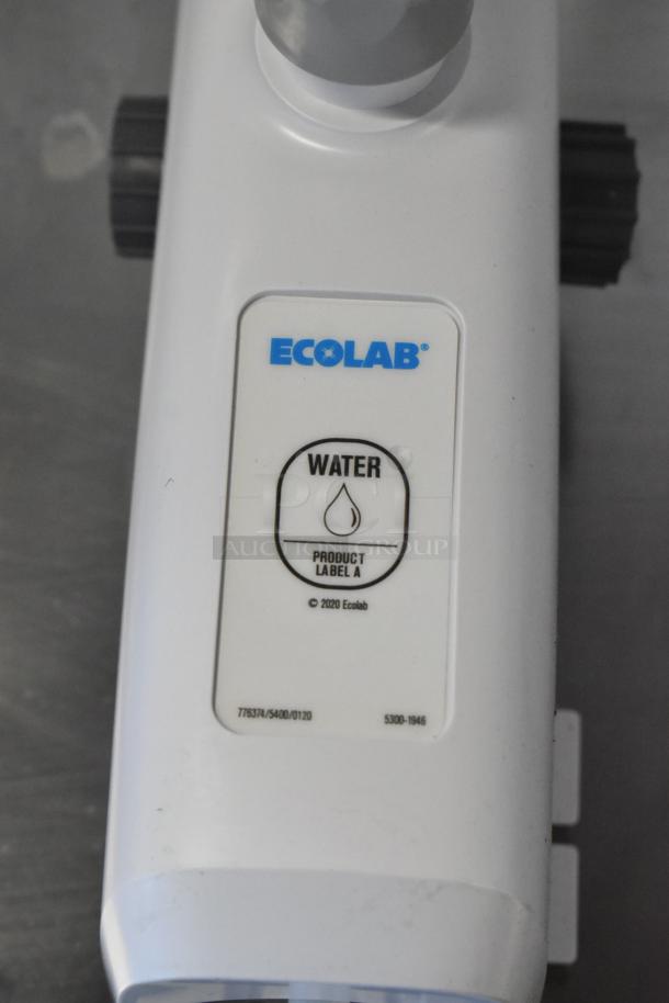 Ecolab LDS-AIR GAP Water Bucket Dispenser, white, model 5300-1946, with product label "A" for water, minor wear.