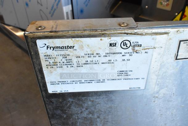 2016 Frymaster FE155CSE stainless steel electric rethermalizer, floor style, 208V, 1 phase, on commercial casters, label shown.