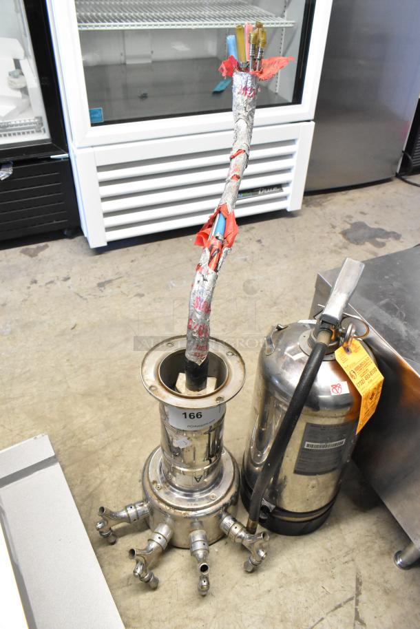 Metal Commercial 4 Tap Beer Tower, stainless steel, with hoses and fittings. Visible label "166" indicates item ID.