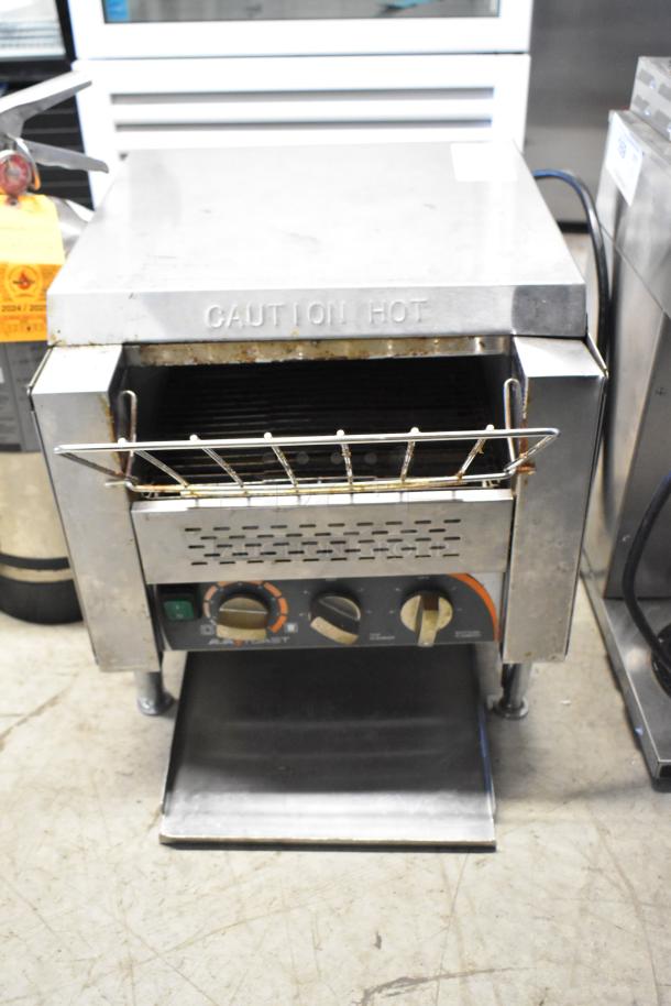 AvaToast 184T3300B stainless steel commercial conveyor toaster oven, 208V, used condition, control knobs visible.