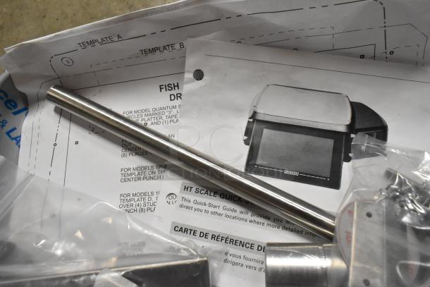 Hobart HWS-4C metal commercial wrap station, with Hobart label printing scale, 120V, parts and instructions shown.