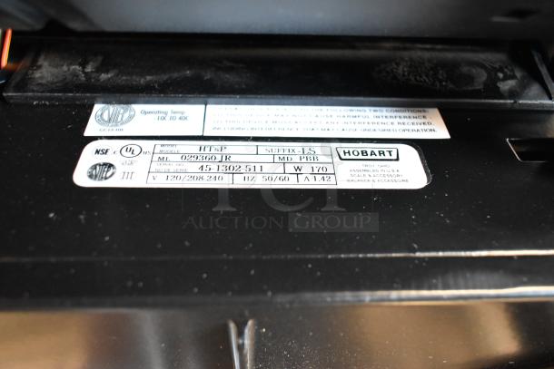 Label on 2025 Hobart HWS-4C hand wrap station, indicating model HTsP, 120 volts, 1 phase. Features Hobart brand logo.