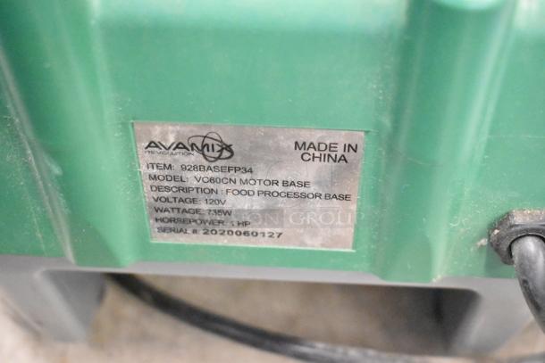 2020 AvaMix 928BASEFP34 Food Processor base with label showing model VC60CN, 120V, 735W, 1 HP, serial 2020060127.