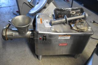 Berkel E-222 metal meat grinder, 115V, 1 phase, tested but not powering on. Visible warning labels and Berkel logo.