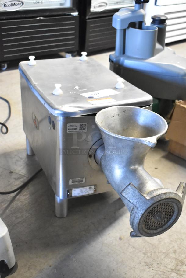 Berkel E-222 metal commercial meat grinder, 115V, 1 phase; tested, non-functional. Labels visible, countertop design.