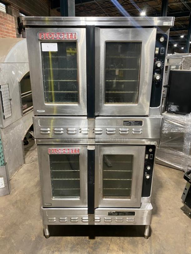 Blodgett double stacked stainless steel convection oven, natural gas, wired racks, on legs, commercial use, excellent condition.
