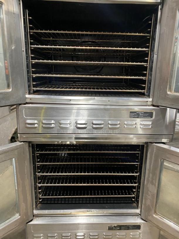 Blodgett commercial stainless steel double stacked convection oven, natural gas, with wired racks, sturdy legs.