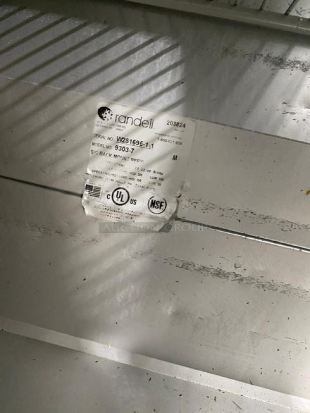 Randell Refrigerated Prep Table, Model 9303-7, SN: W281695-1-1, cULus and NSF certified label, stainless steel interior.