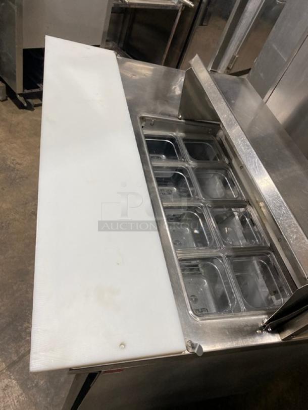 Randell stainless steel 2-door prep table, Model 93037, with Bain Marie top, double overhead shelf, and poly coated racks.