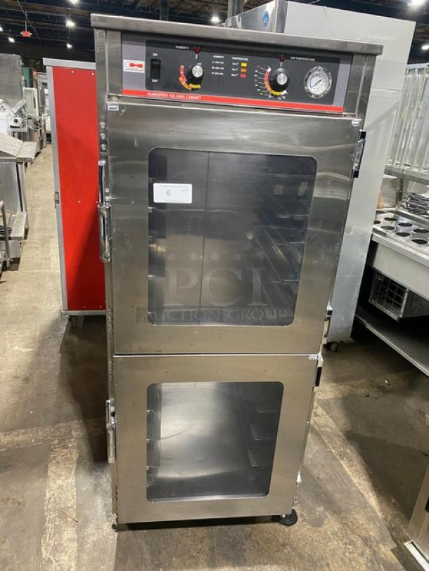 Carter-Hoffmann stainless steel heated holding cabinet, half door, pan slides, electric, 120V, single section, on casters.
