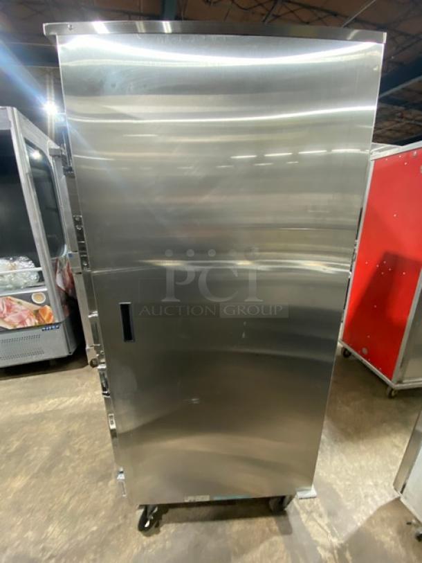 Carter-Hoffmann stainless steel heated holding cabinet, single section, half door, with pan slides and casters, 120V, 1-phase.