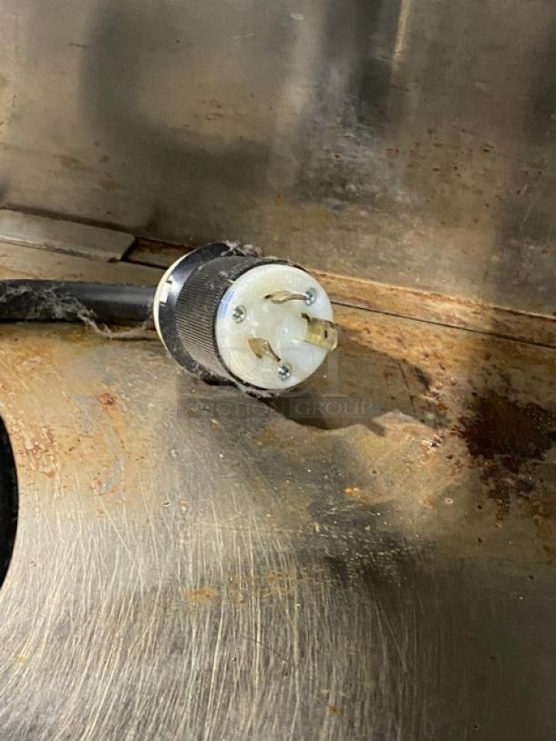 Atlas Metal WIHD&M4 hot food/steam table plug detail. Stainless steel, electric, 208V, 1 phase, on casters.