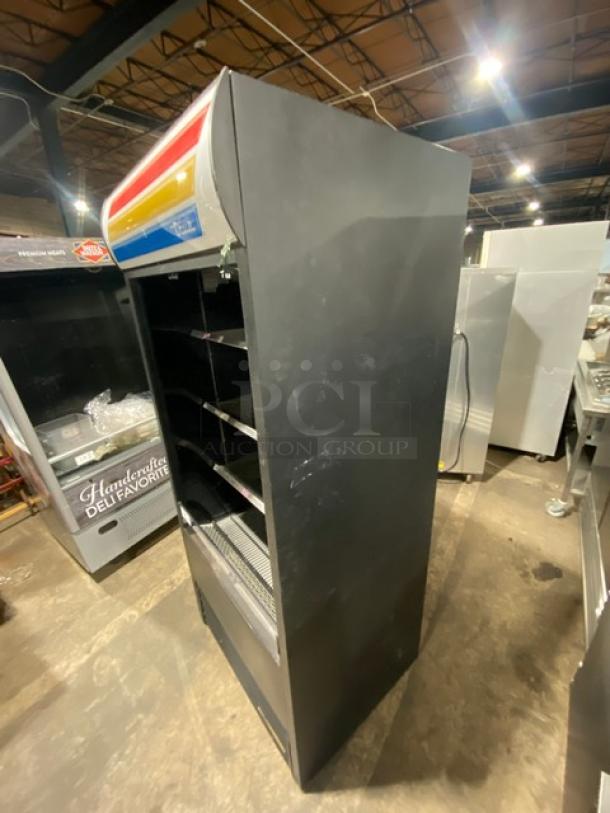 True TAC36 refrigerated open display case, black with stainless steel shelving, multi-tier, Model TAC-36, SN: 7546115, 208-230V, 1 Phase.