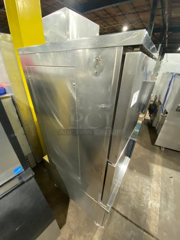 Market Forge ETP10E commercial stainless steel convection steamer, dual compartment, used, electric, on legs, 480V 3-phase.