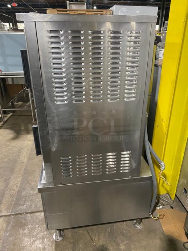 Market Forge ETP10E stainless steel dual compartment convection steamer, electric, 480V 3-phase, on legs, SN: 81150-1FF-0080.