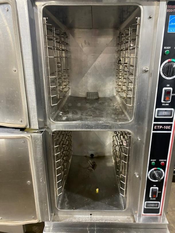 Market Forge ETP10E stainless steel dual compartment electric convection steamer, model ETP-10E, 480V 3 phase, on legs, features control panel.