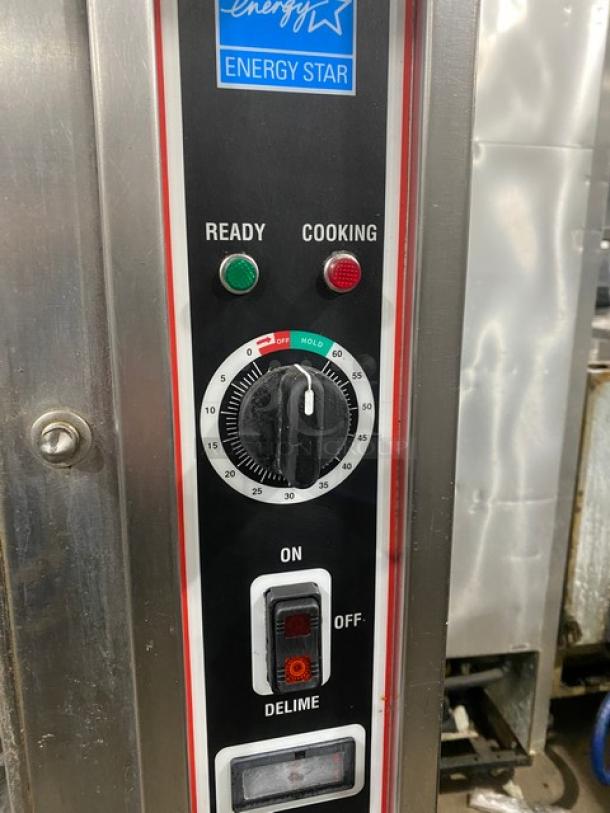 Market Forge ETP-10E stainless steel dual compartment convection steamer controls, Energy Star label, on/off switch, timer.