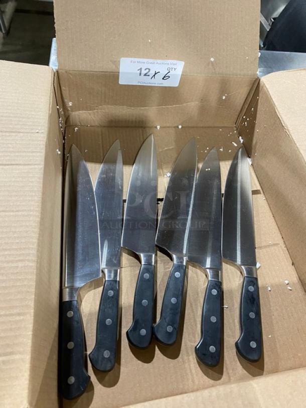 Six commercial stainless steel chef knives in a cardboard box, each with a black grip handle. Label indicates "12X6" quantity.