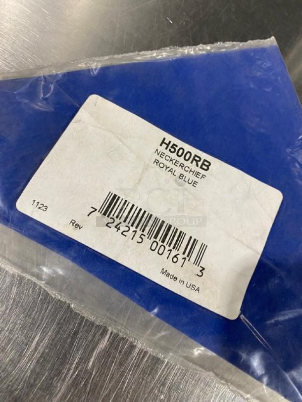 Royal blue neckerchief, model H500RB, in original packaging with label indicating "H500RB Neckerchief Royal Blue," made in USA.