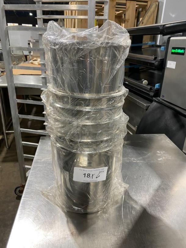 Winco stainless steel bain-marie pot, model BAM-8.25, new, wrapped for protection. Item tag reads "18/6 QTY."